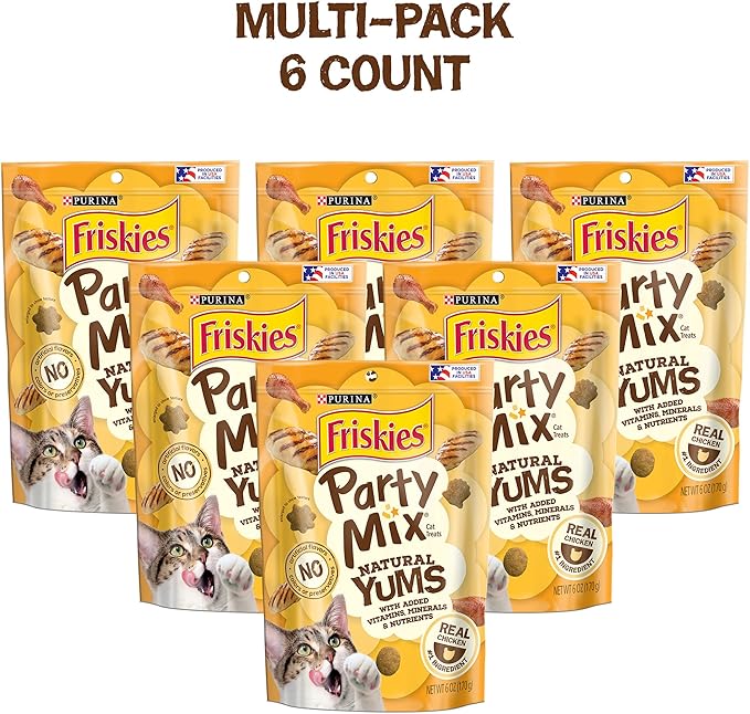 Purina Friskies Natural Cat Treats, Party Mix Natural Yums With Real Chicken & Vitamins, Minerals & Nutrients - (Pack of 6) 6 oz. Pouches