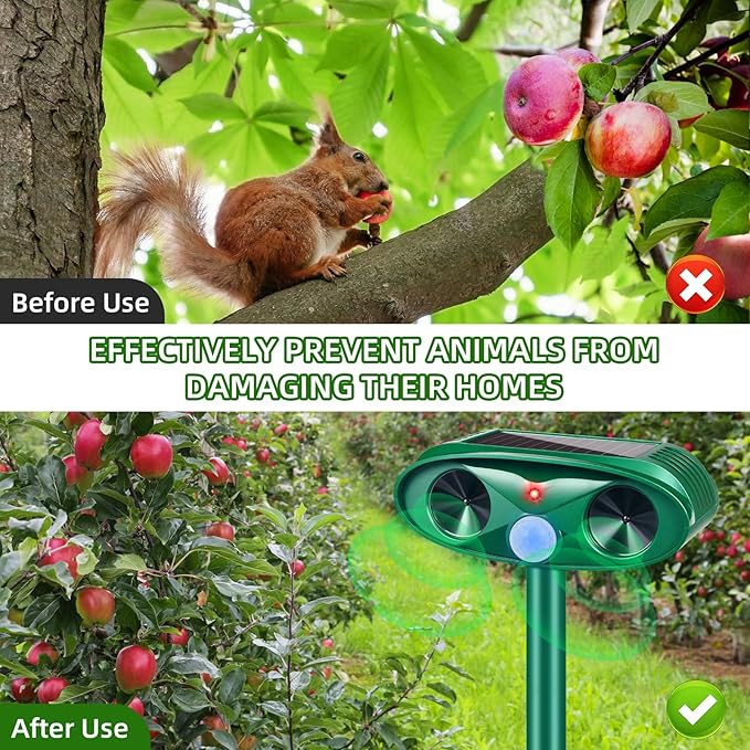2026 Upgraded Solar Ultrasonic Animal Repellent Outdoor Deer Repellent Devices IP65 Waterproof Repeller with Motion Detection Coyote Light for Cat Rabbit Racoon Squirrel Dog Skunk Rodent,4 Pack