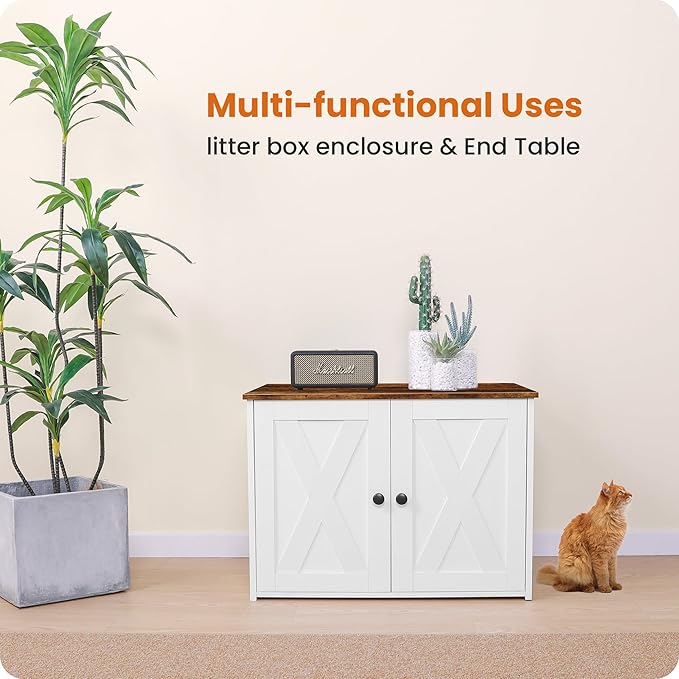 Dwanton Litter Box Enclosure, Cat Litter Box Furniture Hidden, Reversible Entrance Can Be on Left or Right Side, Wooden Cat Washroom Indoor, White and Rustic Brown, 27.6 Inches