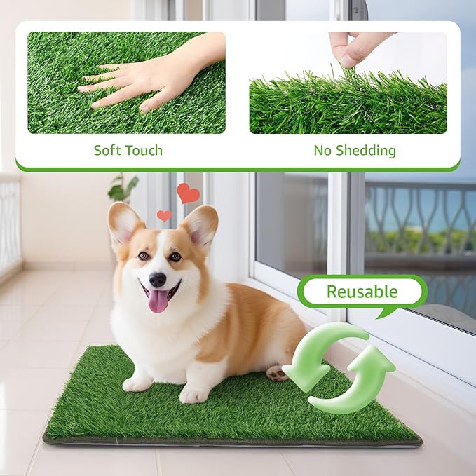 Dog Grass Mat with Pee Pad, Artificial Indoor Turf Grass Potty Training Pads for Dogs Tray Doggies Washable Reusable Puppy Pads Leakproof Pee on Outdoor Patio Balcony Apartment(24.5x39'')