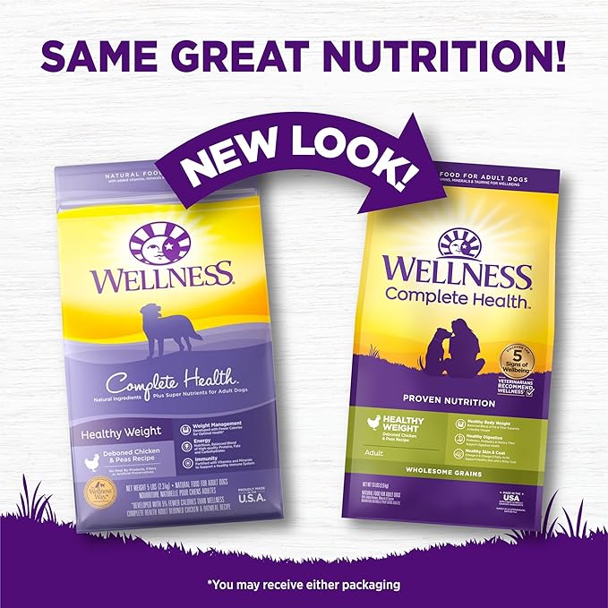 Wellness Complete Health Healthy Weight Adult Dry Dog Food, Wholesome Grain Kibble, Chicken and Peas Recipe, 13 lb Bag