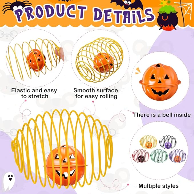 Jecery 5 Pcs Cat Spring Balls Toys Stretchable Rolling Balls Colorful Playful Coils Interactive Action Toy Caged Rats for Kitten Pet Supplies (Bell,Halloween Colors)
