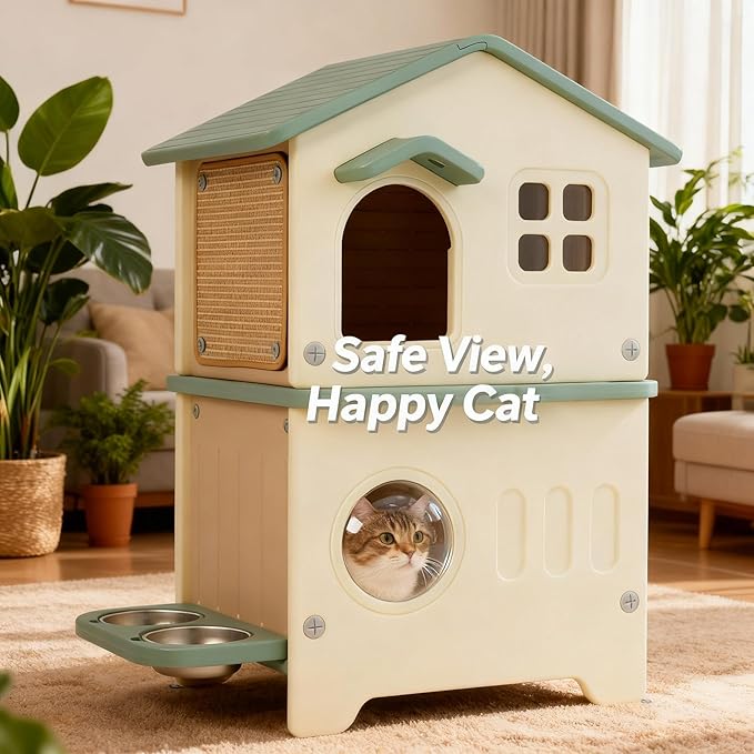 Outdoor Cat House with Insulated Liner, Weatherproof for Feral Multi Cat, 2 Story Plastic Elevated Cat Shelter with Escape Door, Scratching Post, Stainless Steel Bowl, Green 35" D x 15" W x 20" H