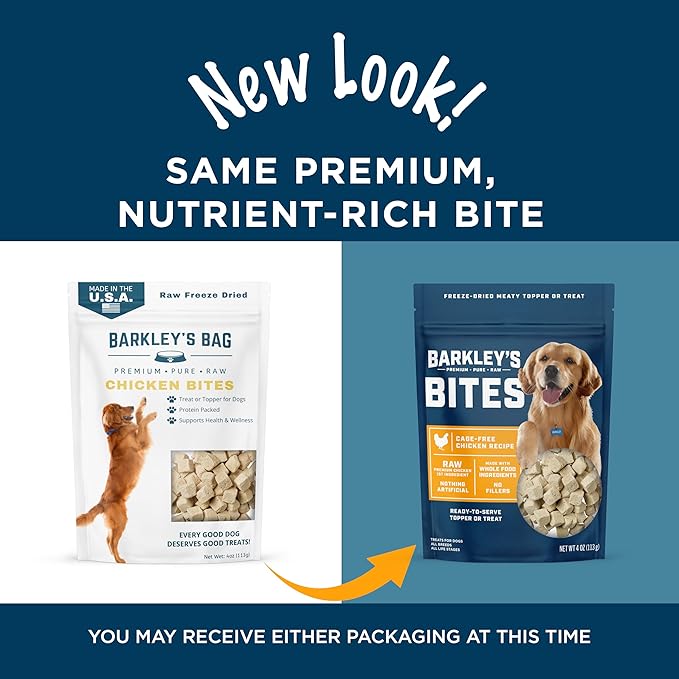 Barkley’s Bag Chicken Bites, Freeze Dried Dog Treats and Food Topper, Protein Packed, Made with Chicken and Brown Rice, Small Bite-Sized Pieces for Training Rewards, American Made Dog Snacks, 4 Oz Bag