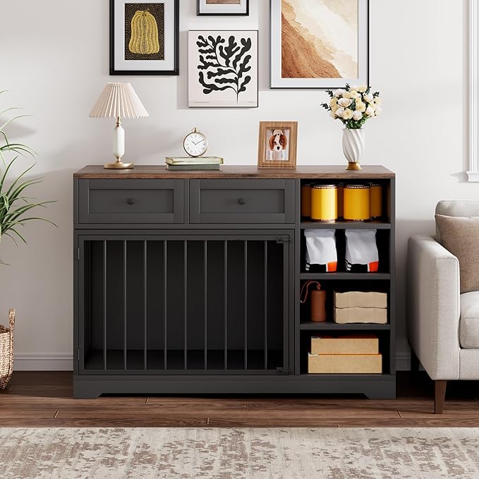 GAOMON 47 Inch Large Dog Crate, Dog Kennel Indoor with 2 Drawers and 4 Shelves, Dog Crate Furniture TV Stand, Wooden Dog Cage for Medium Large Dogs, Decorative Pet House, Black