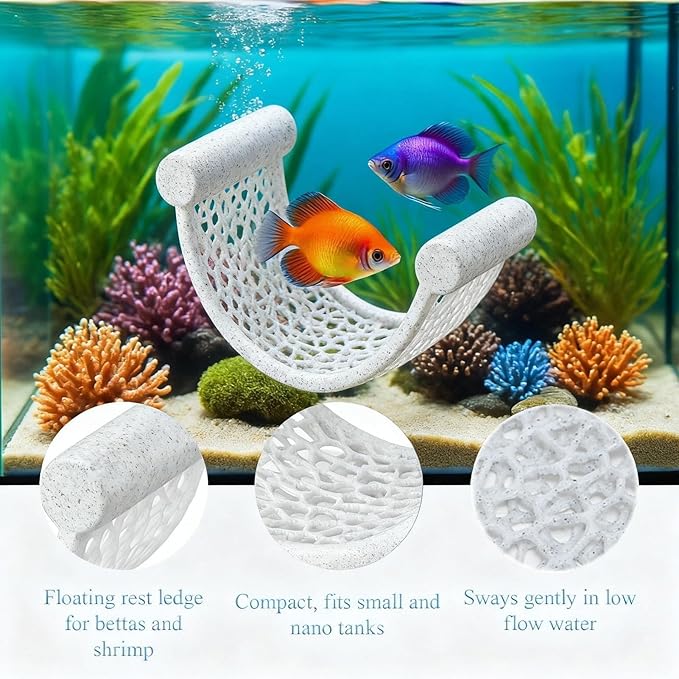 Marble Betta Fish Hammock - Floating Resting Platform for Bettas, Shrimp & Nano Fish - Elegant Aquarium Decor, Natural Stone Look Perch for Small Tanks
