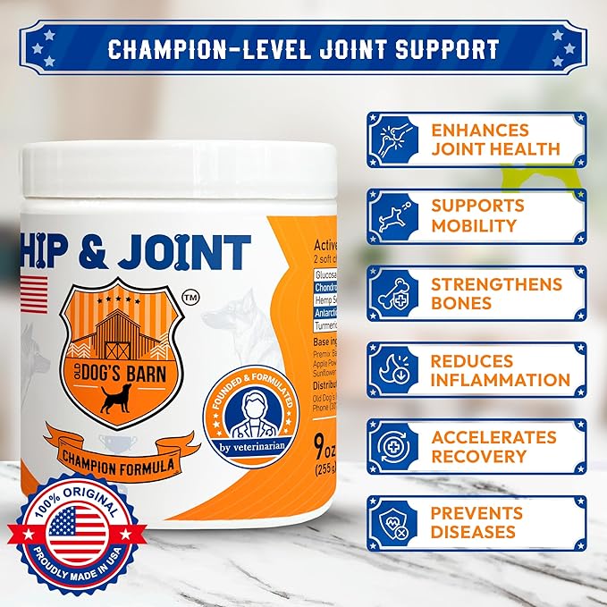 Old Dog's Barn Hip and Joint Supplement for Dogs, 9 oz, Vet-Formulated Formula with Glucosamine, Antarctic Krill Oil,Chondroitin, MSM, Green Lipped Mussel, Vitamins C&D, Omega 3, Beef fl,120 Chews