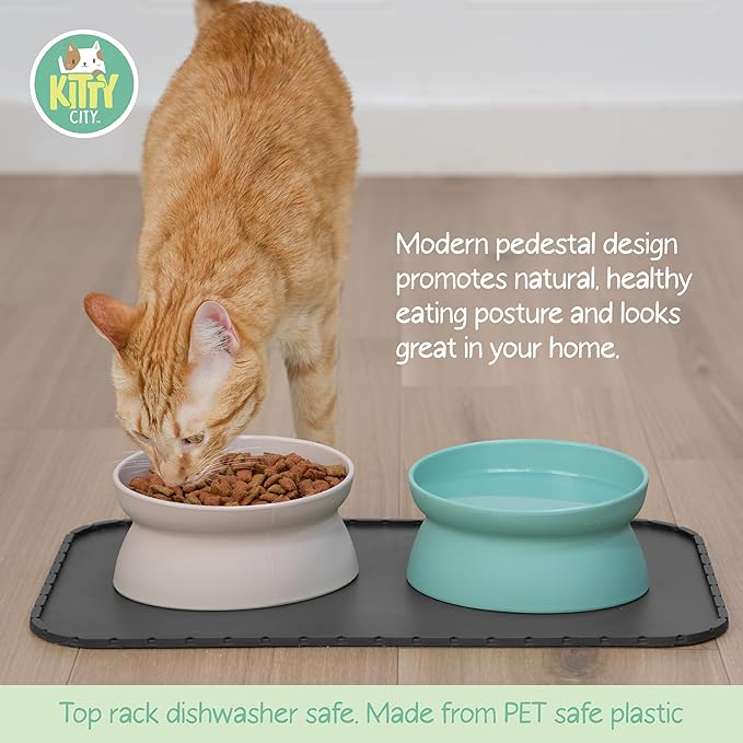 Kitty City Elevated Cat Bowls (Set of 2), Whisker-Friendly Raised Cat Food & Water Dishes, Modern Pedestal Design, Dishwasher Safe, 10.8 oz Each – Teal & Light Pink