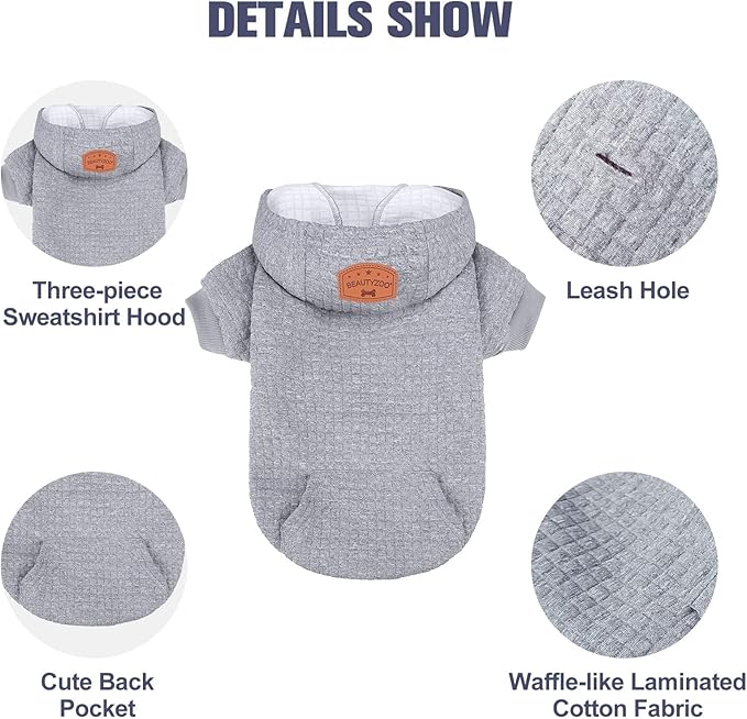 BEAUTYZOO Small Dog Hoodie Sweater with Pockets, Dog Clothes for Small Medium Dogs Boy Girl, Waffle-like Laminated Cotton Pet Coats with Hat and Leash Hole, All Weather Coat for Puppy Doggie Chihuahua