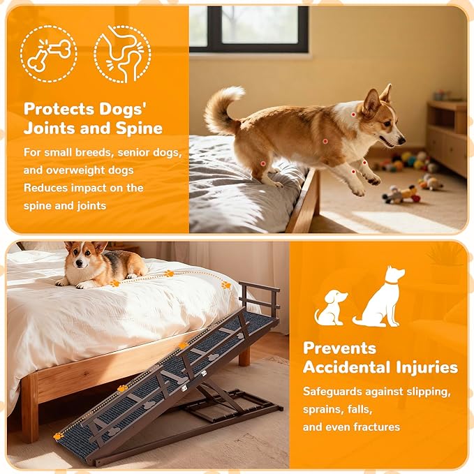 COSIEST Dog ramp for Bed, Wooden Pet Ramp Folding Portable for Couch and Bed, 64.5 Inch Long and Height Adjustable Dog ramp with Anti-Slip Grip & Safety Rails, Up to 200lbs, Brown
