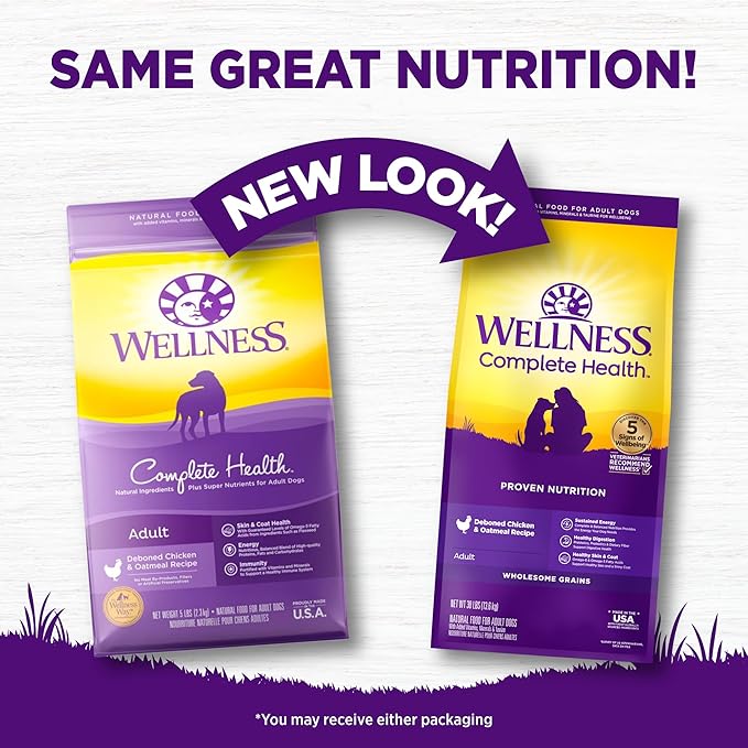 Wellness Complete Health Adult Dry Dog Food, Wholesome Grain Kibble, Natural, Chicken and Oatmeal Recipe, 30 lb Bag