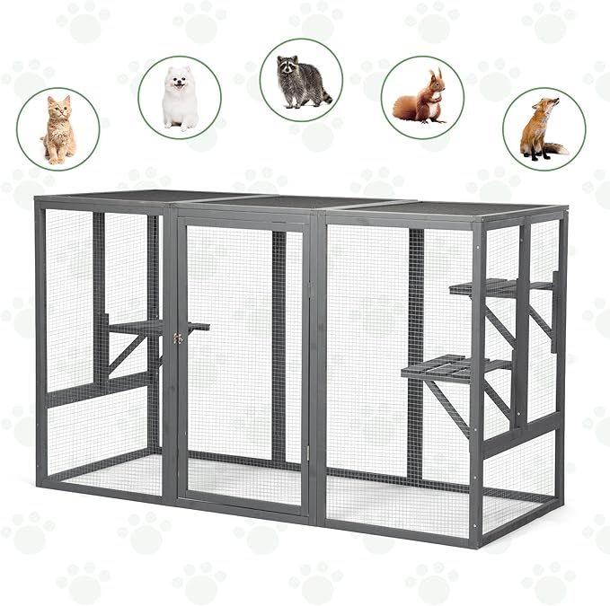 Catio Outdoor Cat Enclosure, Large 71" Catio Window, Heavy Duty Steel Mesh Cat Patio with Lockable Door, Large Catios for Balcony, Grey