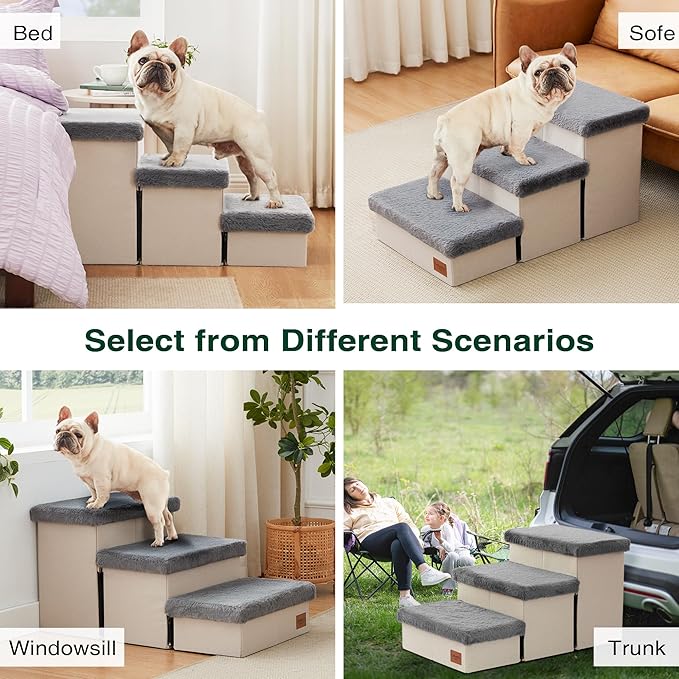 Love's cabin Dog Stairs for High Bed 18" H, 3 Steps with Furry Lids Pet Stairs for Small Medium Large Dogs, Foldable Cat Ramp with Zip up to 200 lbs, Grey