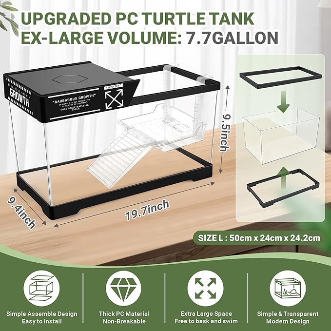 GOZILLA Aquatic Turtle Tank+Lamp+Filter Kit, Upgrade PC Turtle Tank Kit with Adjustable 360°Lamp & Filter,Reptile Habitat Lid,Hanging Platform for Small Reptiles.(19.68× 9.52× 9.44''/Large-Black)