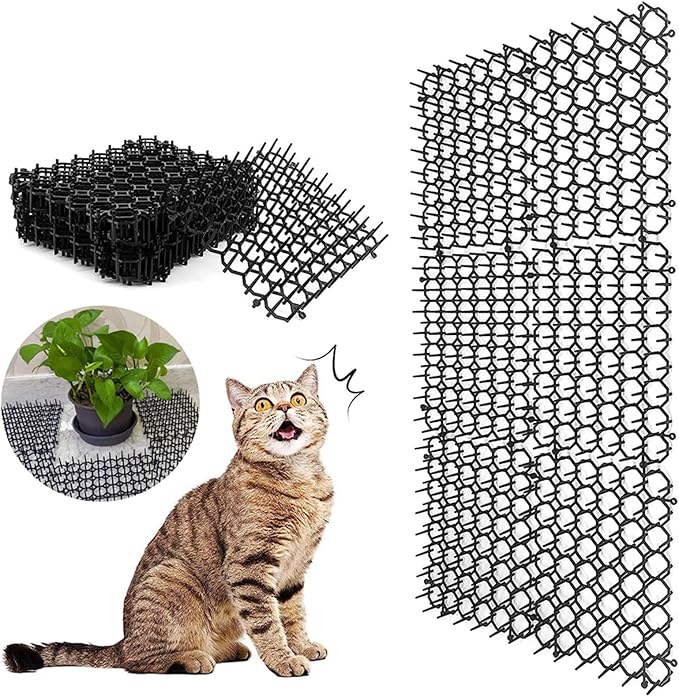 12Pcs Cat Deterrent Mat, Anti Cat Dog Network with Plastic Spikes, Indoor Outdoor Training Mat for Keeping Away Cats Dogs, Protecting Plants Furniture and Cars