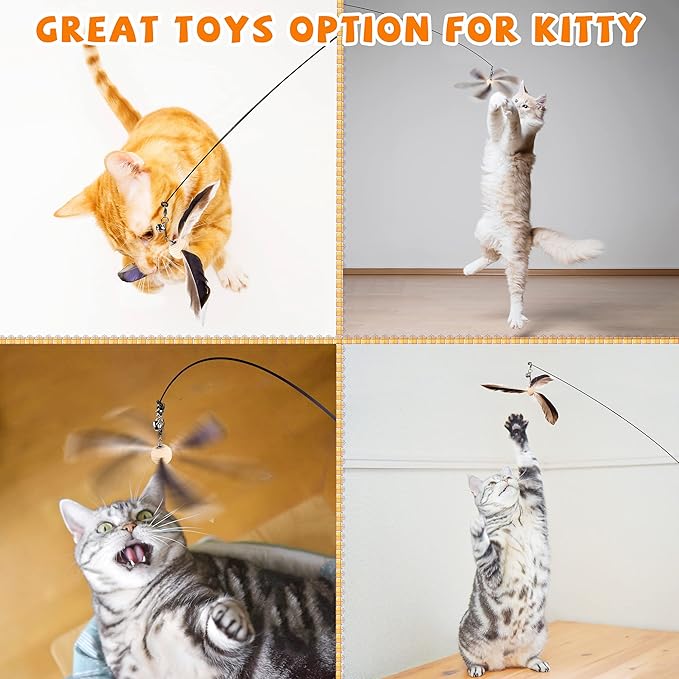 JXFUKAL Cat Wand Toys, Interactive Cat Toys with 3 Feather Refills, 29'' Flexible Steel Wire, Sturdy Wood Handle & Bell for Kitty Kitten, Cat Toys for Indoor Cats Teaser Cat String Toy