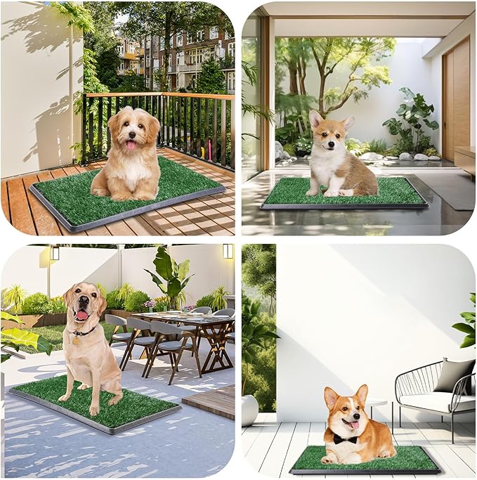 LOOBANI Dog Grass Pad with Tray - Dog Litter Box - Indoor Potty for Apartment and Patio Training - with 2 Packs Grass Pee Pads for Replacement, 20×25 Inch