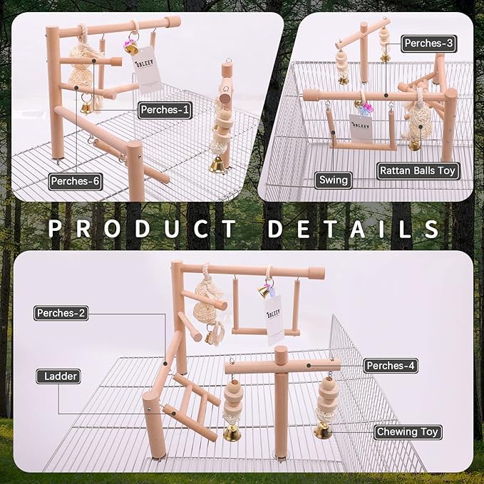 QBLEEV Bird Cage Play Stand Toy Set-Birdcage Wood Stands Hanging Chew Toys Ladder Swing Parrot Perch Play Gym Playground Accessories Activity Center for Conure, Parakeets, Budgie, Cockatiels,Lovebirds