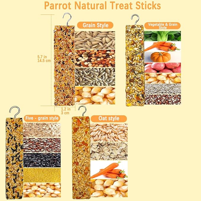 4PCS Parakeet Treats,Parrot Grains Mixed Treat Sticks,Vegetable & Grain Style Sticks,Bird Treats for Cockatiel Budgies Lovebirds Canary Conure Finches