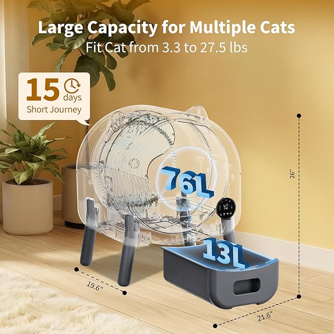 Self-Cleaning Cat Litter Box, 76L Large Capacity Automatic Litter Box for Multiple Cats, App-Controlled, Quiet & Odor-Free, Smart Safety Sensors, LED Night Light, Includes Trash Bags