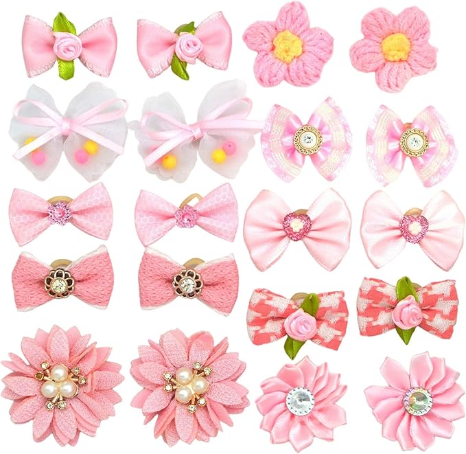 20 PCS Pink Dog Hair Bows with Rubber Bands, Cute Lace Rhinestone Pearls Bowknot for Puppy Cat Pet Girl Grooming Accessories