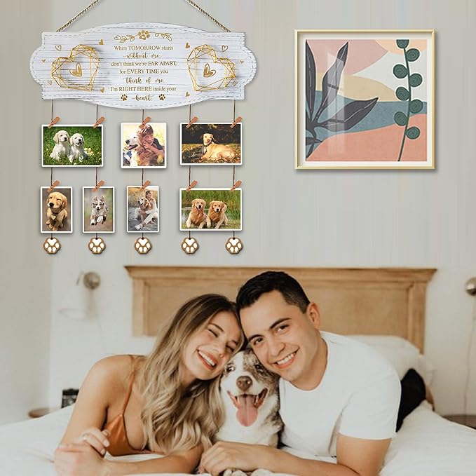 White Golden Memorial Picture Collage Board with Clips Twine and Paw Pendant - Bereavement Sympathy Grieving Gifts for Loss of Dog - House Wall decor for Dog Lover