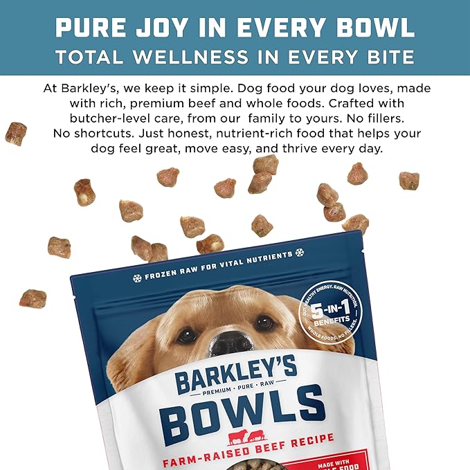 Barkley’s Bowls, Frozen Raw Beef Dog Food, Fresh Whole Food Ingredients with Farm-Raised Beef, Grain Free, High Protein for Balanced Nutrition, Frozen Meals, Human Grade Ingredients, 4 lb (3 Pack)