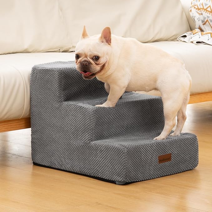 Dog Stairs for Small Dogs, 3-Step Non-Slip Pet Stairs for Couch Sofa and Chair, Dog Bed Stairs for Puppy, Older Cat,Grey,13.6" H