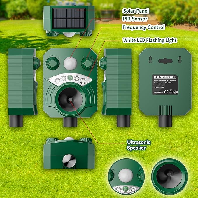 Solar Ultrasonic Cat Deterrent Outdoor – Motion Activated Deer Repellent Waterproof, Animal Repeller for Squirrel, Skunk, Racoon, Rabbit – Yard, Garden & Farm Protection