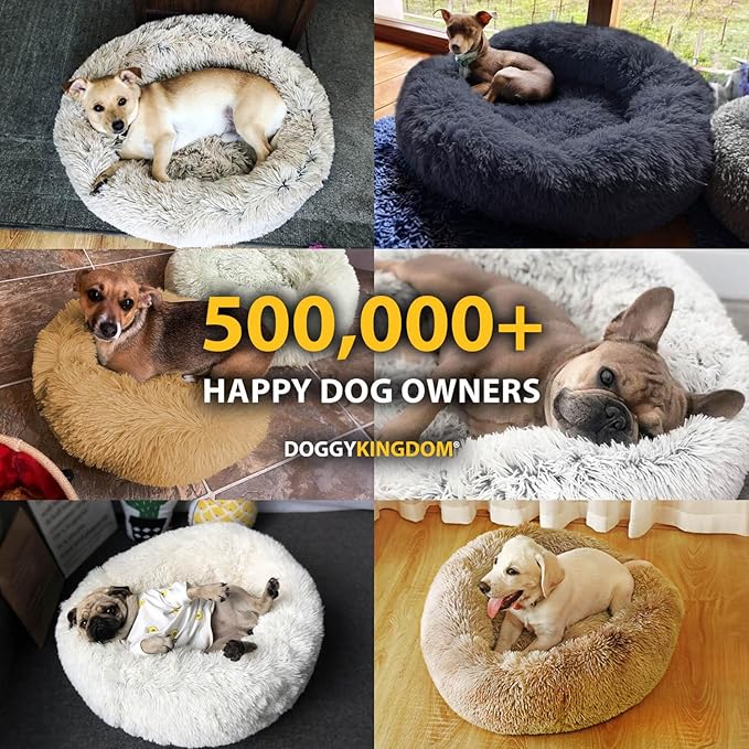 Calming Round Donut Dog Bed Pillow, Washable, Anti Anxiety, Anti-Slip, Cozy Soft Cuddler Comfort Bed with Fluffy Plush Faux Fur for Large Medium Small Sized Dog - Gray, L 35 inch