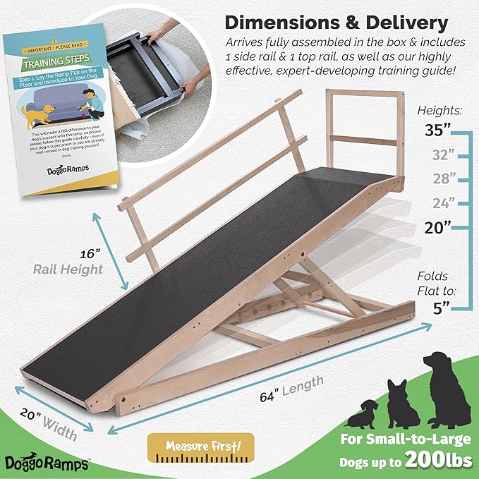 Large Dog Ramp for Bed, by DoggoRamps – Extra Wide Dog Ramp for Large Dogs to Get on High Beds up to 35" Tall – Wide Ramp with Rails, Platform & Non-Slip Grip – Made in N America from Solid Hardwood