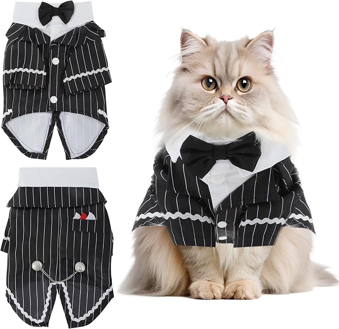 Cat Apparel, Stylish Tuxedo Outfit for Kitty with Tie, Black Stripes Pet Outfits for Wedding, Birthday, Party, Small