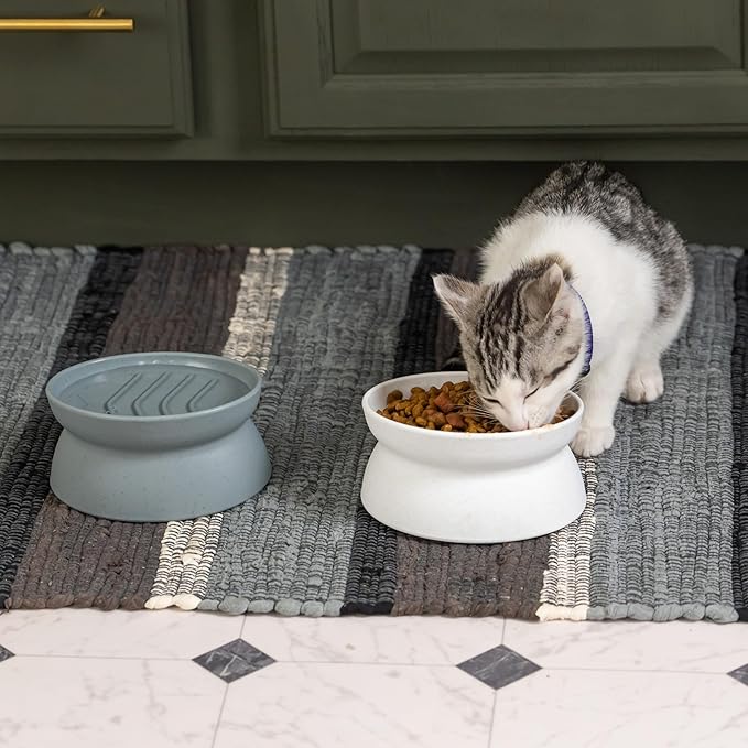Kitty City Elevated Slow Feeder Cat Bowls (Set of 2), Whisker-Friendly Raised Cat Food Dishes with Ridges, Helps Reduce Fast Eating & Digestion Issues, Dishwasher Safe, 10.8 oz – White & Gray