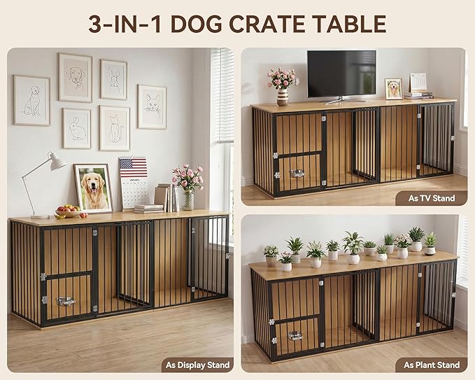 80.7" Double Dog Crate Furniture, Large Breed Dog Crate TV Stand with Swivel Bowls, Heavy Duty Wooden Double Dog Kennel with Removable Divider for 2 Medium Dogs (Black)