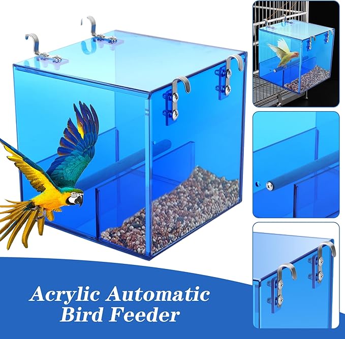 Automatic Bird Feeder Residue-Free Bird Cage Pet Feeder Seed & Pellet Container Suitable for Long-Tailed Parrots, Budgerigars, Parrots, Canaries Acrylic Material (Blue 6.3 x 6.3 x 6.3 inches)