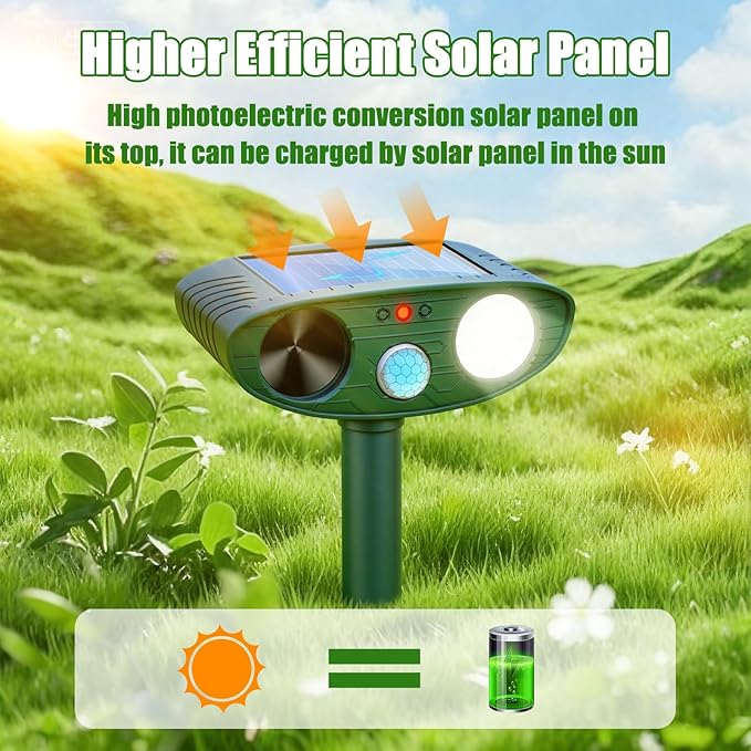 2026 Upgraded Ultrasonic Solar Animal Repellent Outdoor, Deer Repellent Devices Squirrel Cat Raccoon Rabbit Dog Deterrent with Motion Sensor Flash Light for Yard Garden Lawn (2)