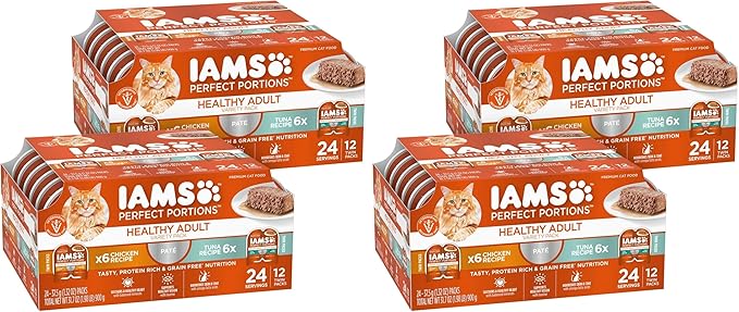IAMS Perfect Portions Healthy Adult Wet Cat Food Pate,Chicken and Tuna Recipe Variety Pack,Easy Peel -Pack Trays (,24 Servings),12 Count (Pack of 4)