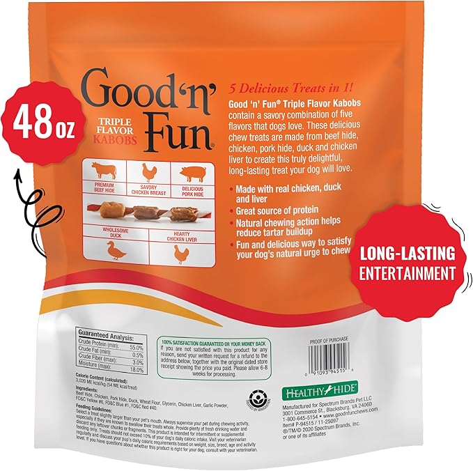 Good ‘n’ Fun Triple Flavor Kabobs Chews for All Dogs, 48 Ounces, Treat Your Dog to Long-Lasting Chews Made from Beef Hide, Real Chicken, Pork Hide, Duck and Chicken Liver