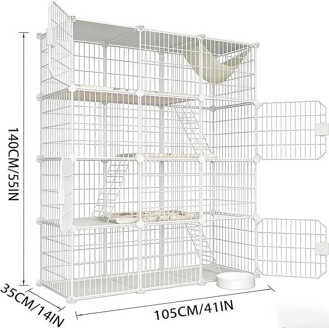 Large 4-Tier Cat Cage Indoor, DIY Cat Enclosures Detachable Metal Wire, Indoor Cat Crate Exercise Place Ideal for Kitty, Small Animals (White, 41" L x 14" W x 55" H, 7)