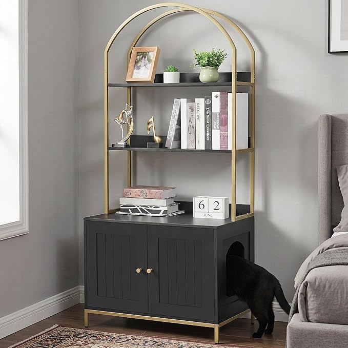 Homhedy Cat Litter Box Enclosure, Litter Box Furniture Hidden with 2-Tier Storage Shelves, Wooden Cat Washroom Furniture with Metal Frame, Modern Style, Black and Gold