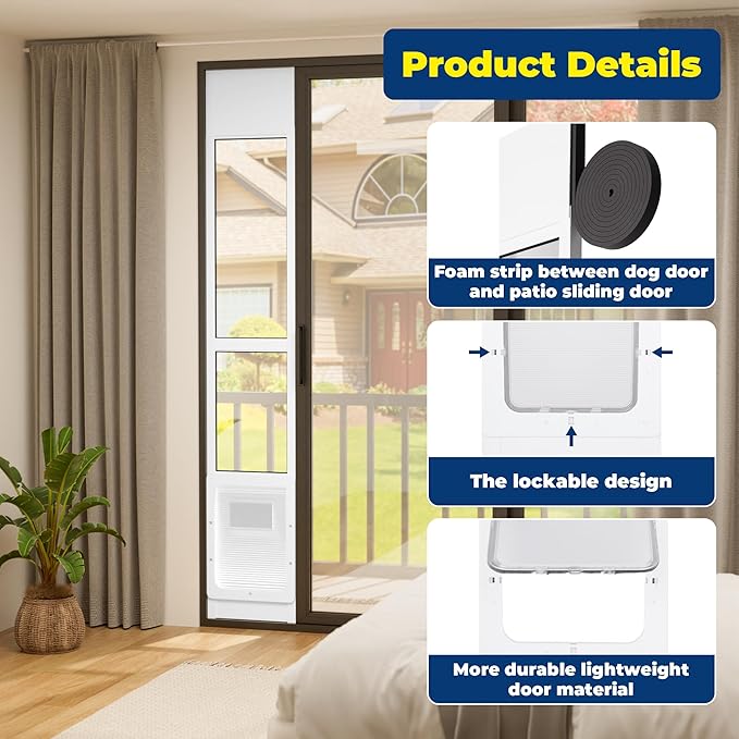 Large Dog Door for Sliding Glass Doors,No-Cut DIY Install Pet Door- Aluminum Frame& Panel & Lock, Adjustable Height 83”-91 1/5”, Suitable for Dogs Up to 105 lbs -White