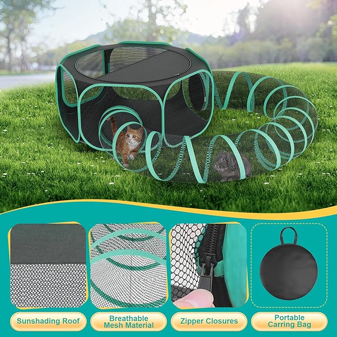 Outdoor Cat Enclosure with Tunnel - Portable Catio Outdoor Cat Tent for Camping Travel Trip - Outside Cat Playpen for Small Animals and Kittens