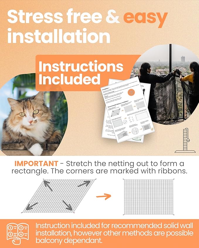 Steel Reinforced Cat Netting for Balcony - 10ft x 20ft - Cat Net for Catio – Safety Netting for Pets - Animal Proof Screen - Strong Pet Net – Kitten Balcony Protection - Barrier for Animals Fence