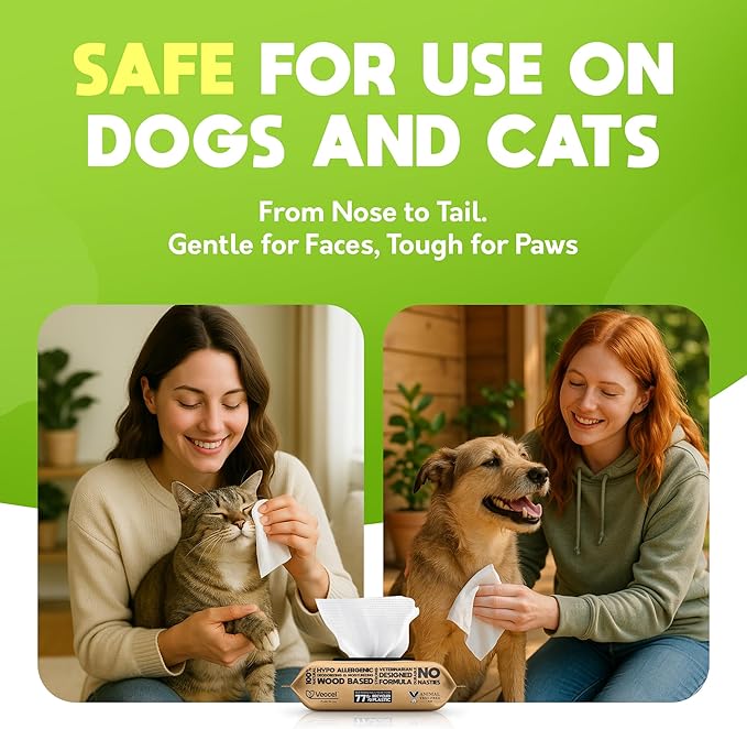 Lick-Safe Daily Pet Wipes for Dogs & Cats - Vet-Approved & Hypoallergenic - Cleans Mud, Odor & Dander - Wipes for Paws, Face & Butt - 10% to Charity - Earth-Friendly & Unscented Cleaning - Pack of 100