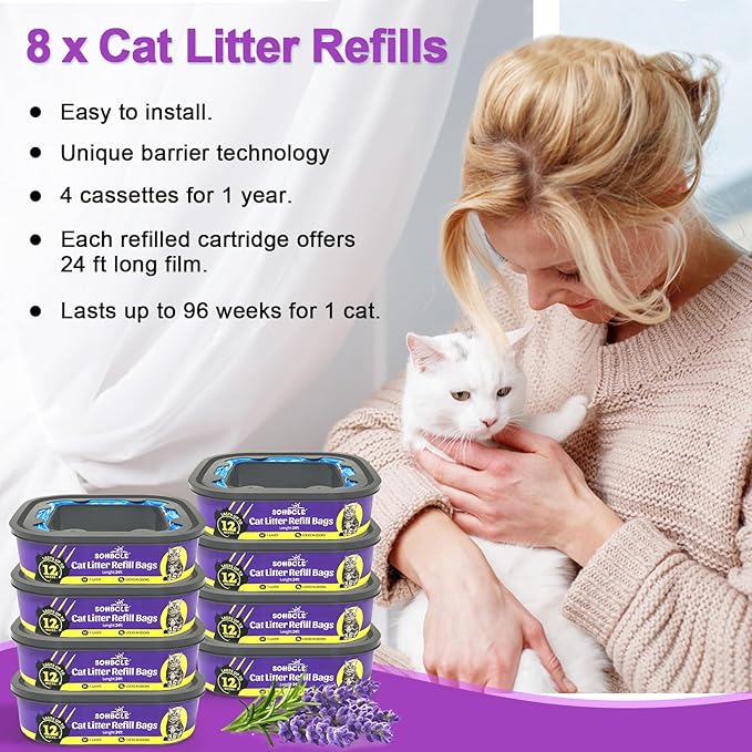 Upgraded Cat Litter Refill Bags|8-Pack Cartridges Compatible with Genie Cat Litter Refills Standard,Plus and Style Pail |7-Layer Superior Odor Control (NOT Compatible with XL)