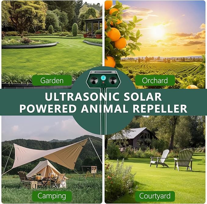 2 Pack 2026 Ultrasonic Animal Repellent Outdoor Cat Repellent Devices Solar Animal Repeller Motion Activated Deterrent to Scare Deer Squirrel Rabbit Raccoon Skunk for Yard Lawn Outdoor