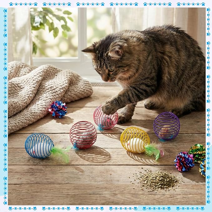 Jecery 5 Pcs Cat Spring Balls Toys Stretchable Rolling Balls Colorful Playful Coils Interactive Action Toy Caged Rats for Kitten Pet Supplies (Feathered Radish,Multicolor)