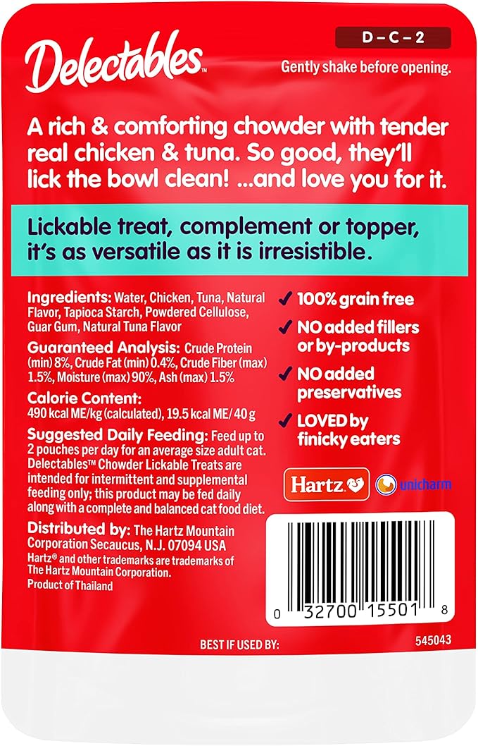 Hartz Delectables Chowder Lickable Wet Cat Treats for Kitten,Adult & Senior Cats,Chicken & Tuna,1.4 Ounce,(Pack of 24)