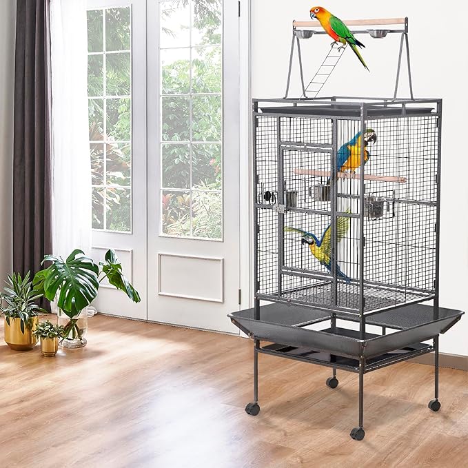 HSM 68 Inch Wrought Iron Large Bird Flight Cage with Rolling Stand for African Grey Parrot Cockatiel Sun Parakeet Conure Lovebird