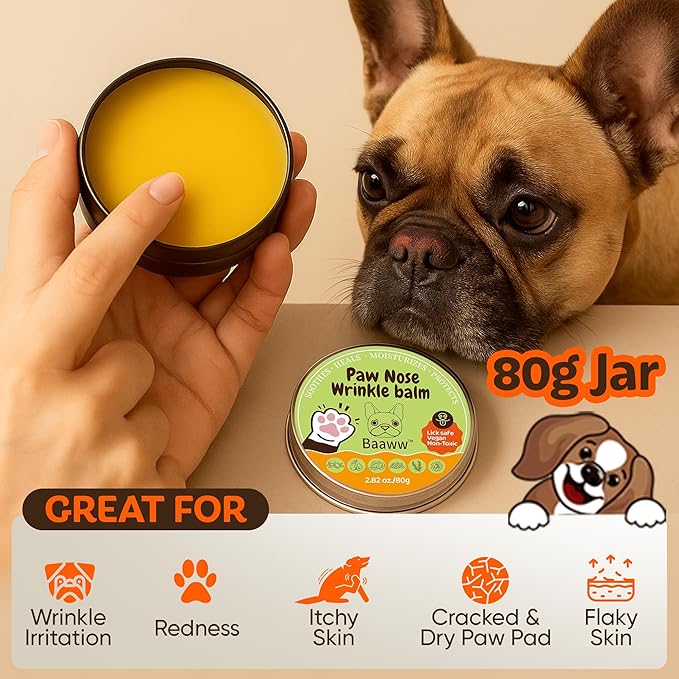 Paw Nose Dog Lick Safe Balm – Natural Moisturizer for Dry and Cracked Paws, Soothes Itchy, Sensitive and Irritated Skin, Wrinkle Irritation Relief, Protective Pet Care Soothing Essentials, 80g